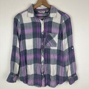 Caffe Marrakesh Womens Long Sleeve Button-Up Soft Grey/Purple Plaid Shirt Small